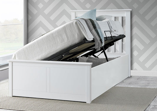 Francis Single Ottoman Bed – White Wooden Frame with Side-Opening Storage