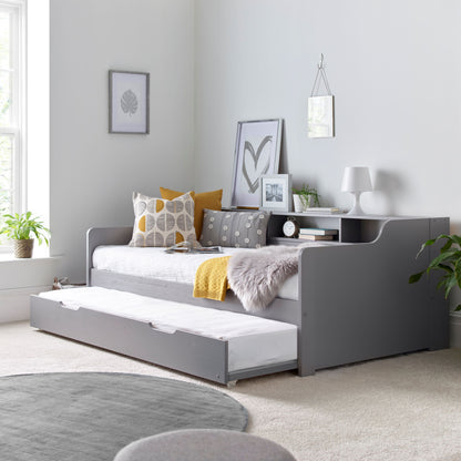 Tyler Guest Bed – White Solid Pine Frame with Shelves and Optional Trundle