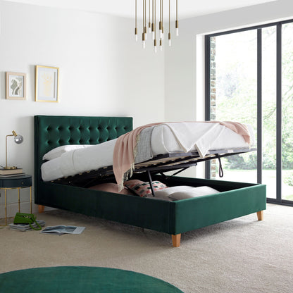 Kingham Velvet Ottoman Bed – Foot-End Storage, Tufted Headboard in Blue, Pink, or Green
