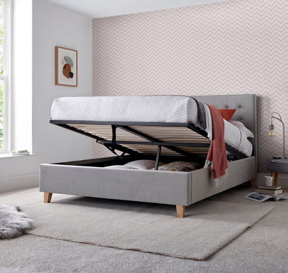 Kingham Velvet Ottoman Bed – Foot-End Storage, Tufted Headboard in Blue, Pink, or Green
