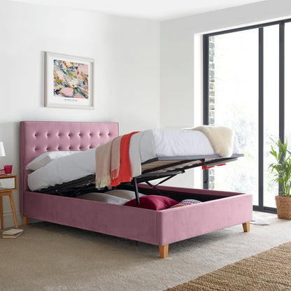 Kingham Velvet Ottoman Bed – Foot-End Storage, Tufted Headboard in Blue, Pink, or Green