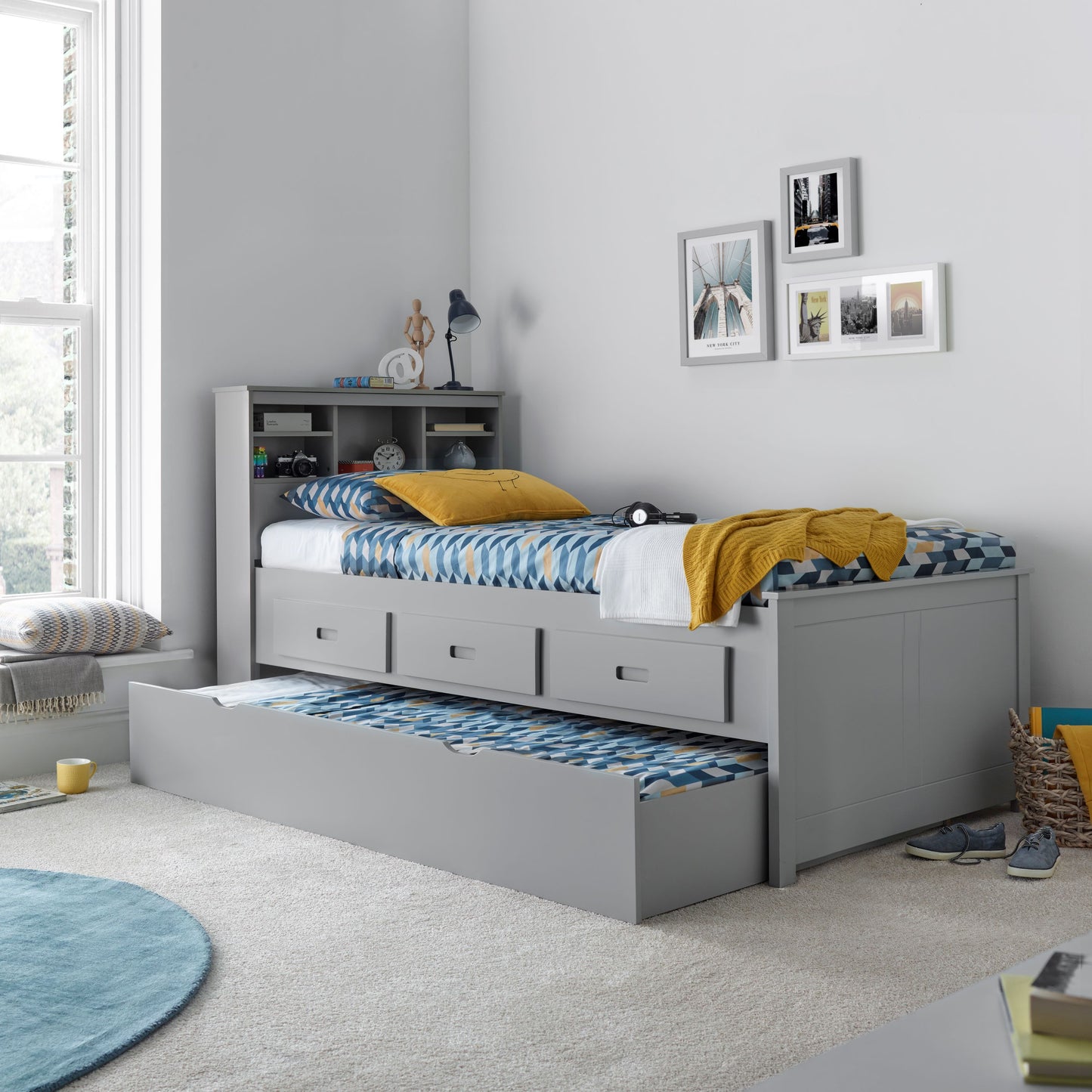 Veera Guest Bed – Single Frame with Trundle, Drawers, Shelved Headboard (white or grey)