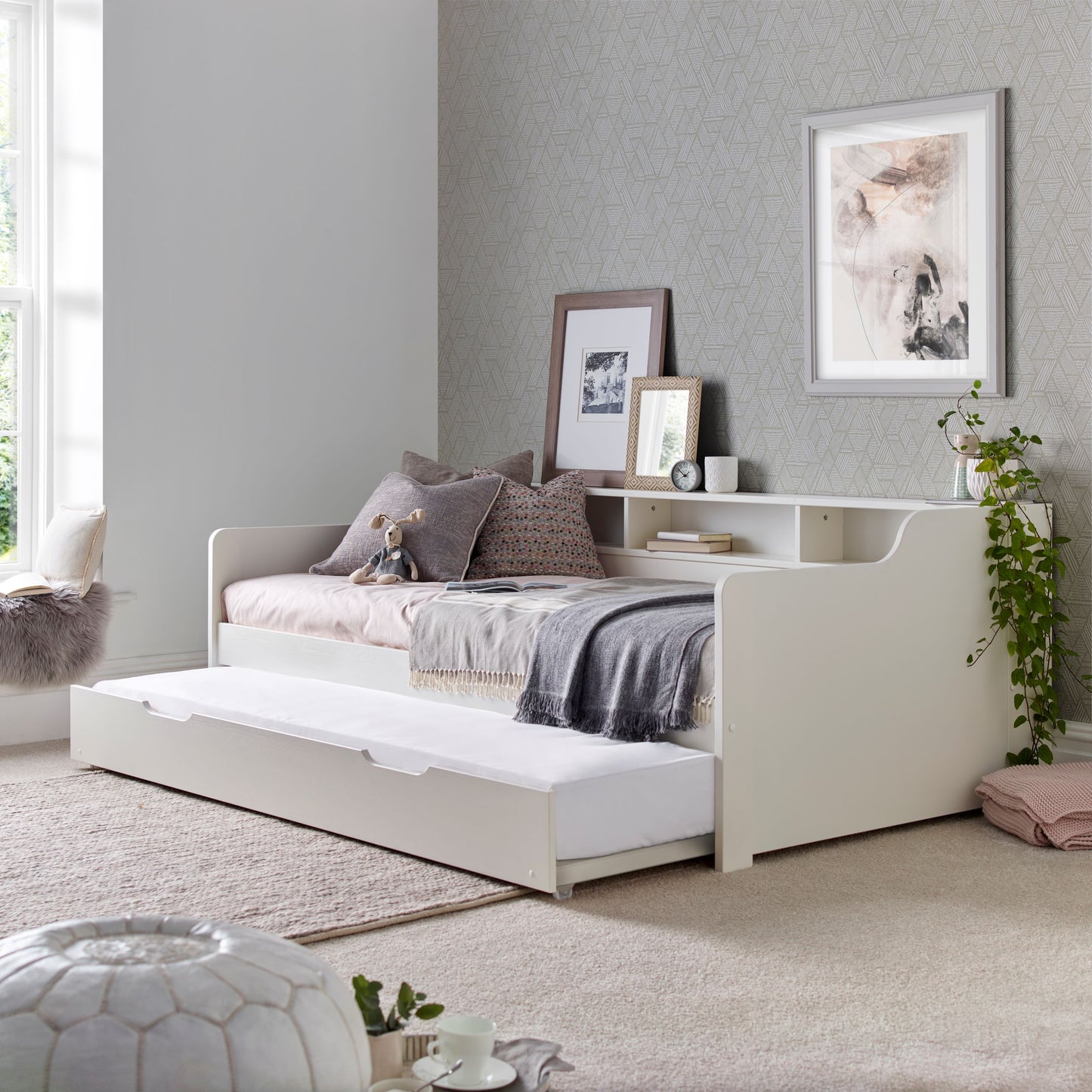 Tyler Guest Bed – White Solid Pine Frame with Shelves and Optional Trundle
