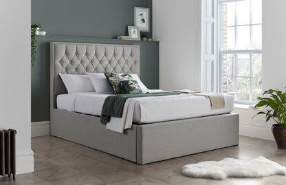 Wilson Fabric Ottoman Bed – Neutral Linen Blend with Buttoned Headboard, Deep Foot-End Storage
