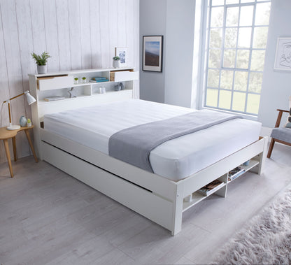 Fabio Wooden Storage Bed Frame with Built-In Headboard Drawers (white, grey)