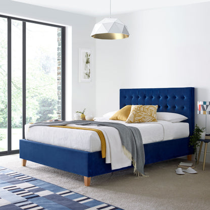 Kingham Velvet Ottoman Bed – Foot-End Storage, Tufted Headboard in Blue, Pink, or Green