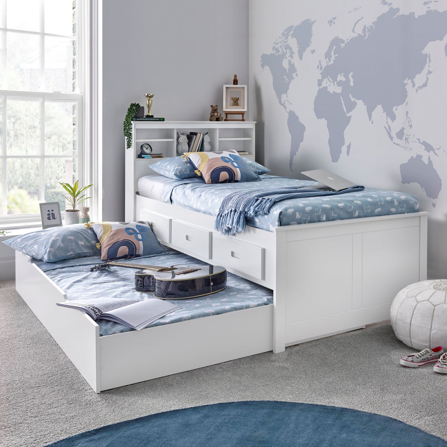 Veera Guest Bed – Single Frame with Trundle, Drawers, Shelved Headboard (white or grey)