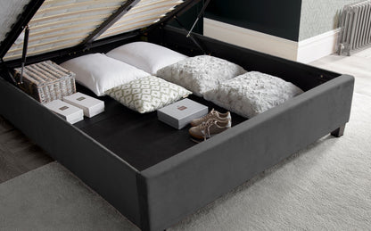 Aurora Velvet Ottoman Bed – Art Deco Winged Headboard with Foot-End Storage