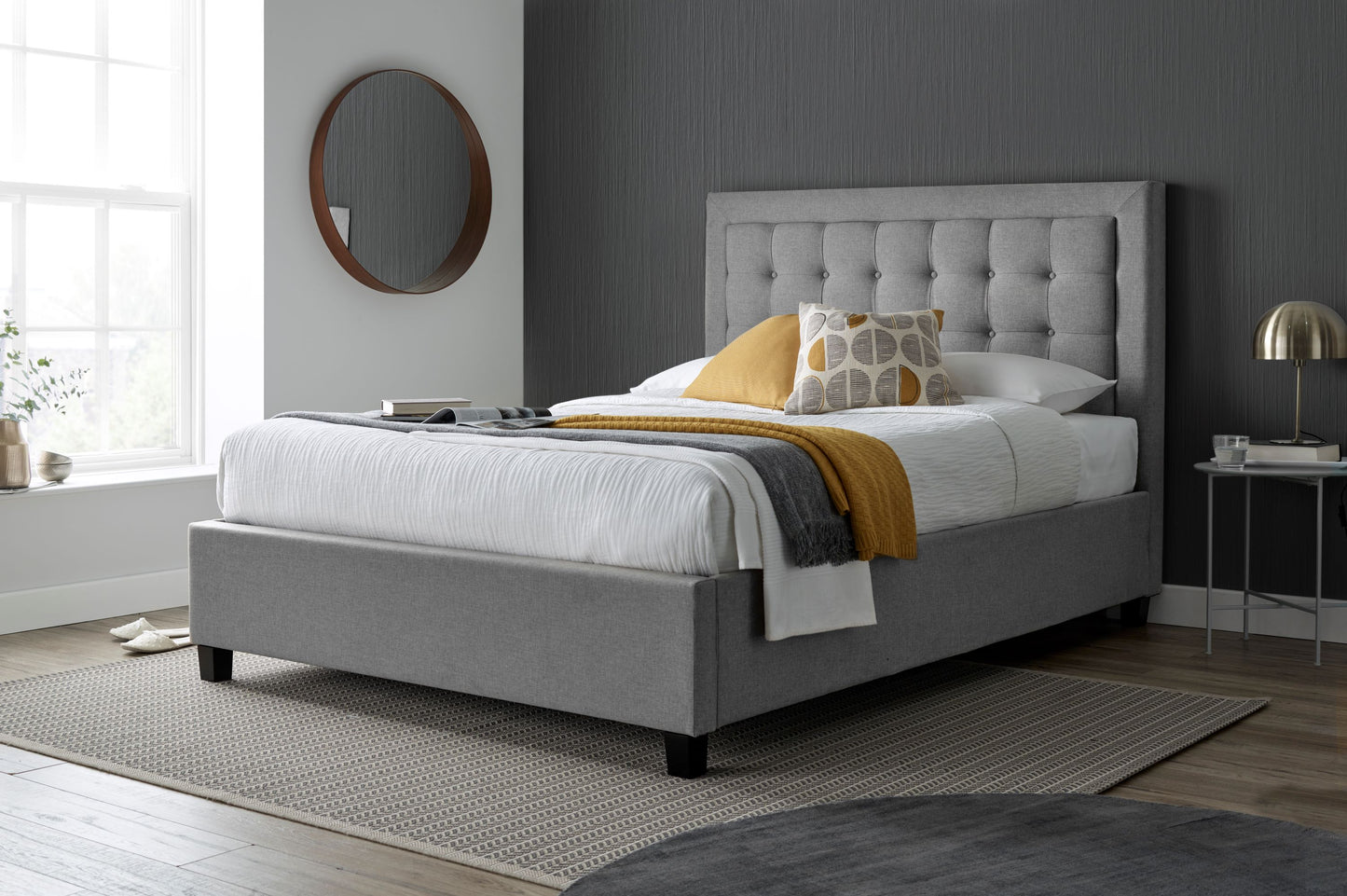 Brandon Fabric Ottoman Bed – Foot-End Storage with Buttoned Headboard in Linen Blend Upholstery