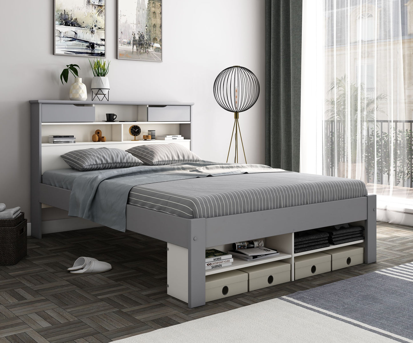 Fabio wooden bed with plenty of storage space (white, grey)