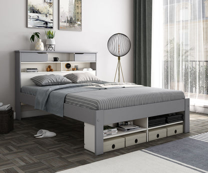 Fabio Wooden Storage Bed Frame with Built-In Headboard Drawers (white, grey)
