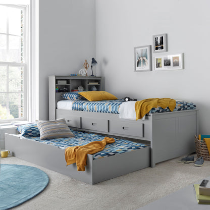 Veera Guest Bed – Single Frame with Trundle, Drawers, Shelved Headboard (white or grey)