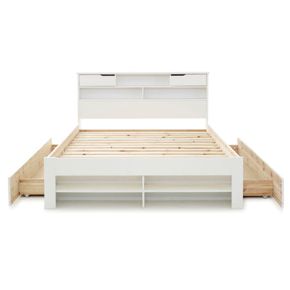 Fabio Wooden Storage Bed Frame with Built-In Headboard Drawers (white, grey)