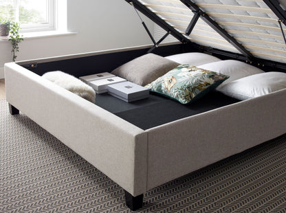 Brandon Fabric Ottoman Bed – Foot-End Storage with Buttoned Headboard in Linen Blend Upholstery