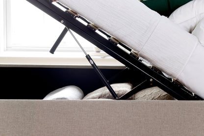 Wilson Fabric Ottoman Bed – Neutral Linen Blend with Buttoned Headboard, Deep Foot-End Storage
