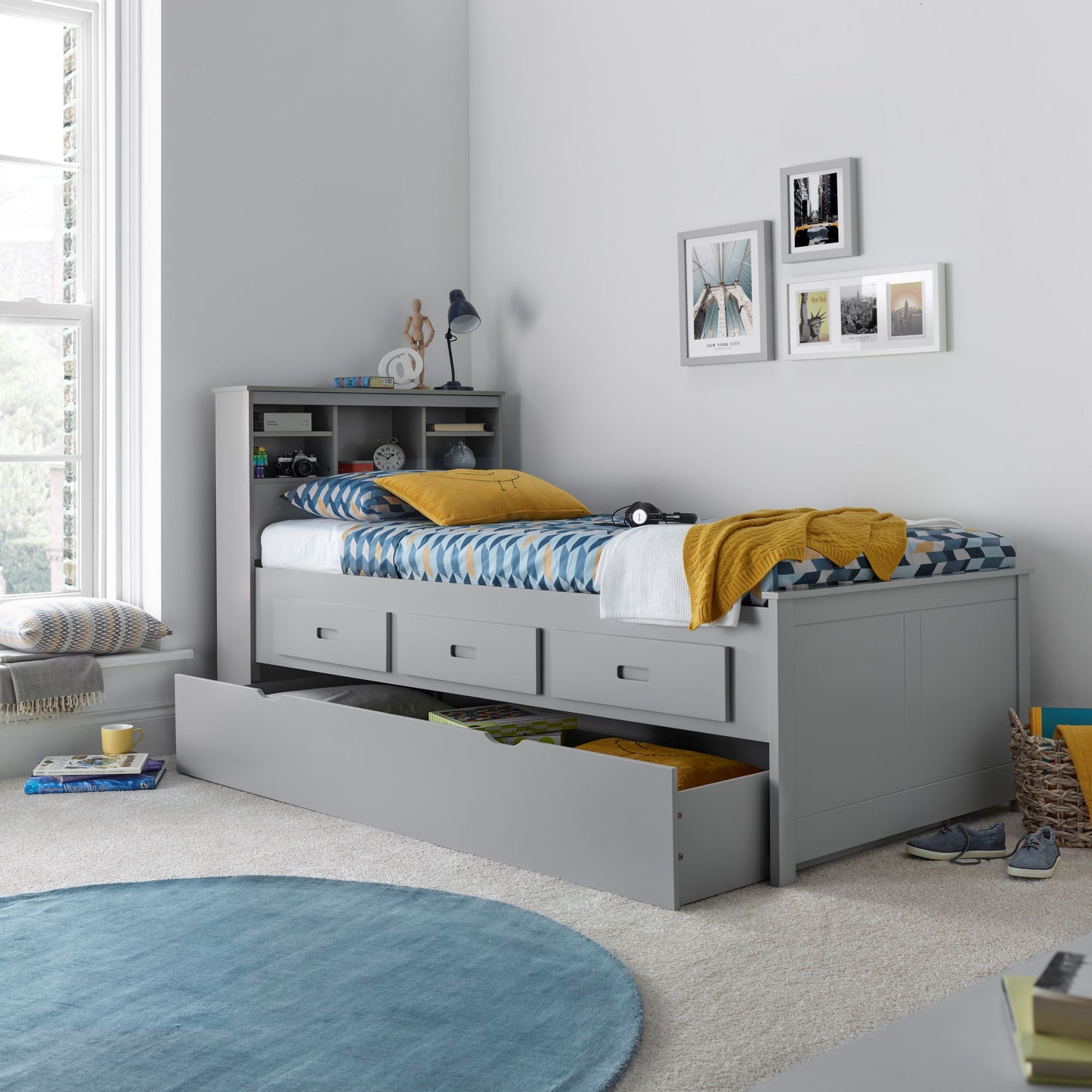 Veera Guest Bed – Single Frame with Trundle, Drawers, Shelved Headboard (white or grey)
