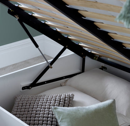 Dawson Ottoman Storage Bed – White Rubberwood Frame with Foot-End Lift