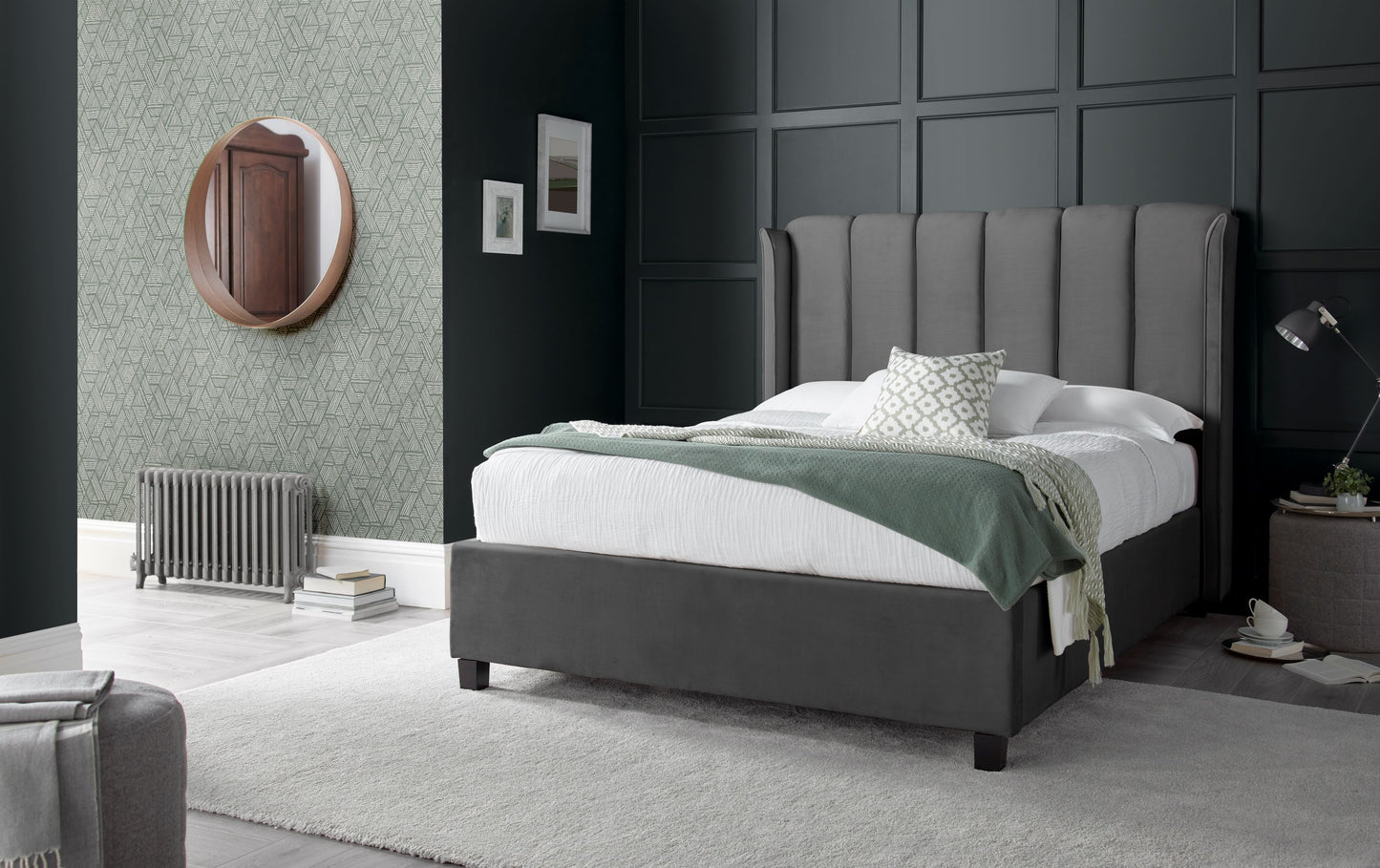 Aurora Velvet Ottoman Bed – Art Deco Winged Headboard with Foot-End Storage