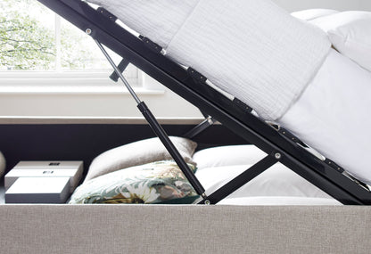 Brandon Fabric Ottoman Bed – Foot-End Storage with Buttoned Headboard in Linen Blend Upholstery