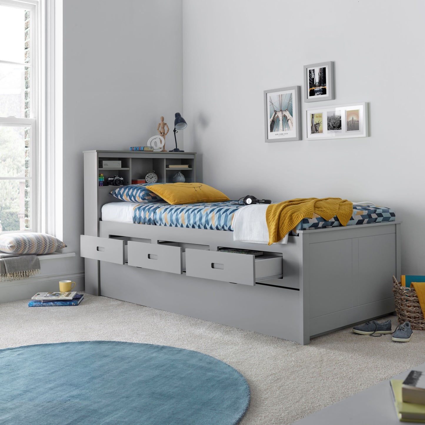 Veera Guest Bed – Single Frame with Trundle, Drawers, Shelved Headboard (white or grey)