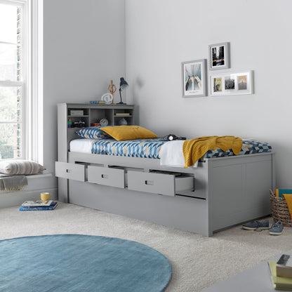 Veera Guest Bed – Single Frame with Trundle, Drawers, Shelved Headboard (white or grey)