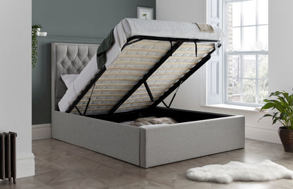 Wilson Fabric Ottoman Bed – Neutral Linen Blend with Buttoned Headboard, Deep Foot-End Storage