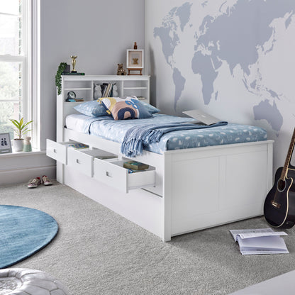 Veera Guest Bed – Single Frame with Trundle, Drawers, Shelved Headboard (white or grey)