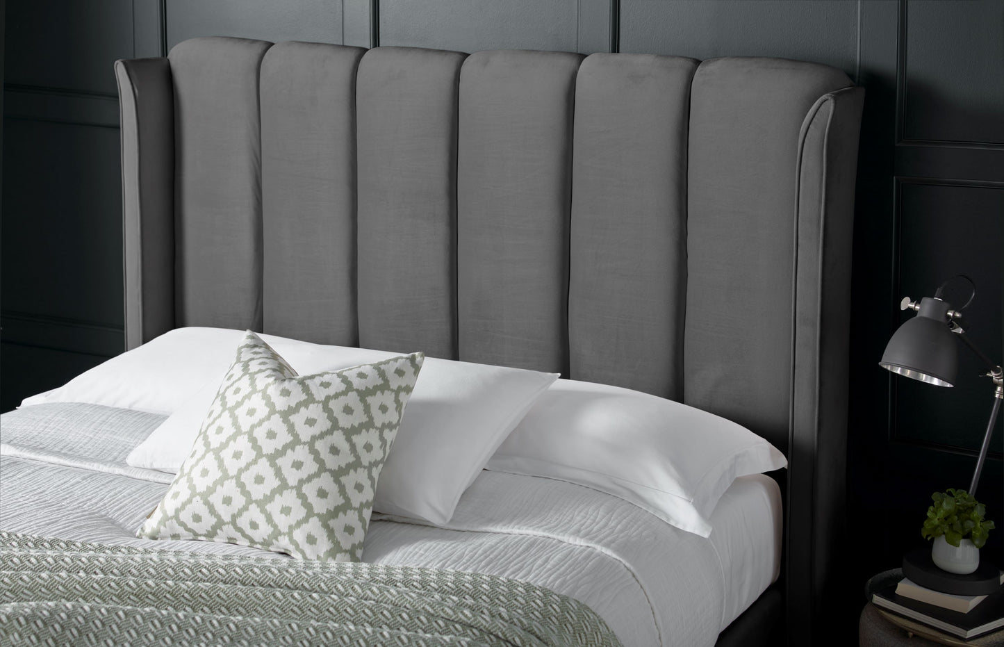 Aurora Velvet Ottoman Bed – Art Deco Winged Headboard with Foot-End Storage