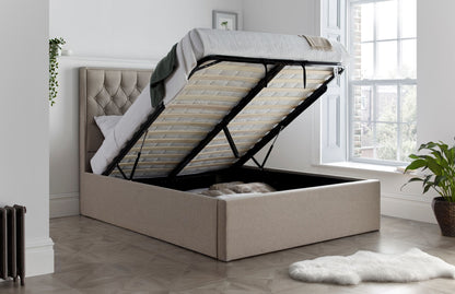Wilson Fabric Ottoman Bed – Neutral Linen Blend with Buttoned Headboard, Deep Foot-End Storage