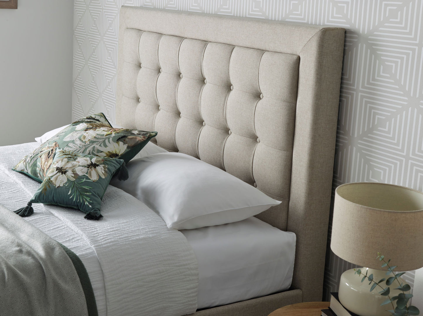 Brandon Fabric Ottoman Bed – Foot-End Storage with Buttoned Headboard in Linen Blend Upholstery