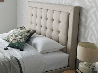 Brandon Fabric Ottoman Bed – Foot-End Storage with Buttoned Headboard in Linen Blend Upholstery