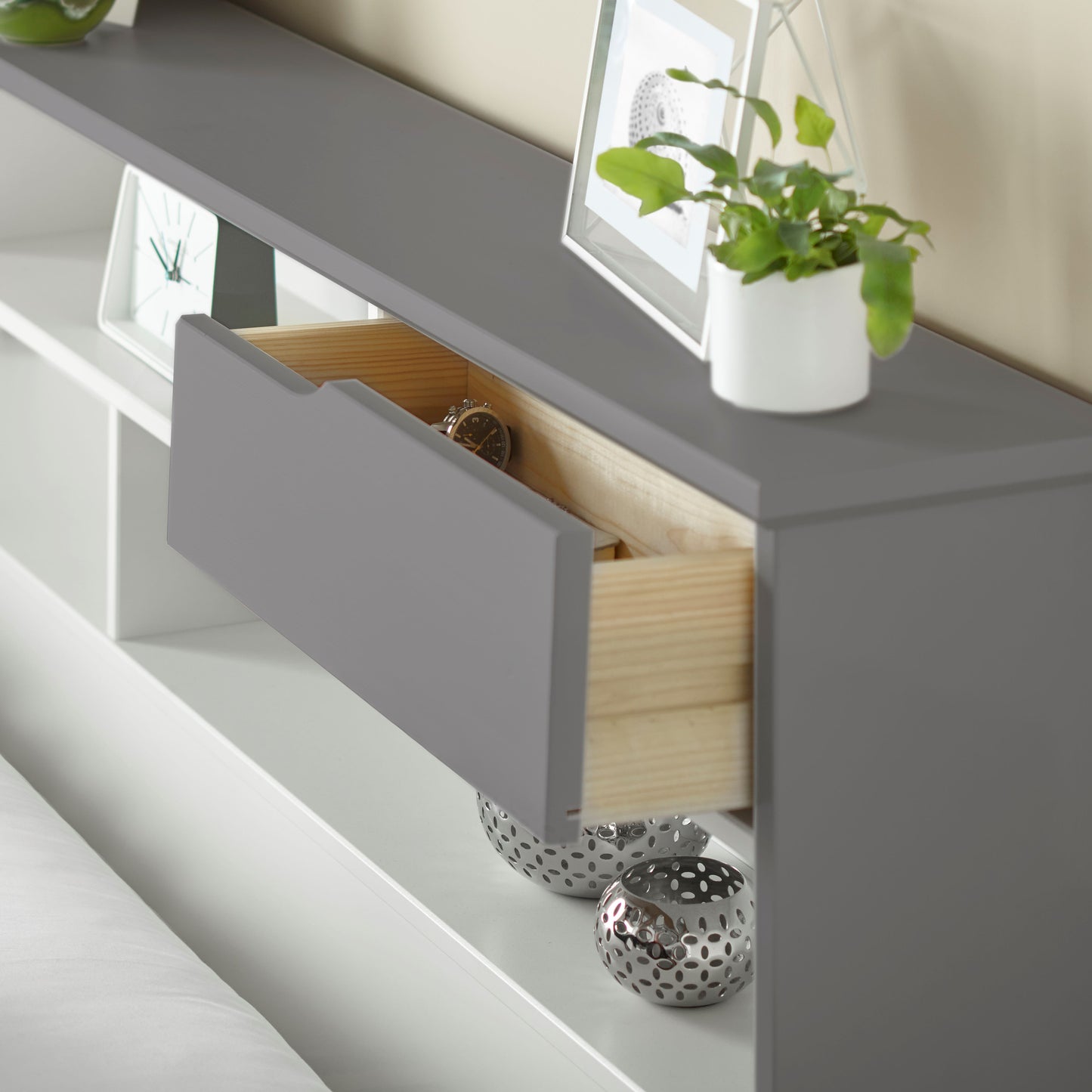 Fabio wooden bed with plenty of storage space (white, grey)