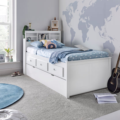 Veera Guest Bed – Single Frame with Trundle, Drawers, Shelved Headboard (white or grey)