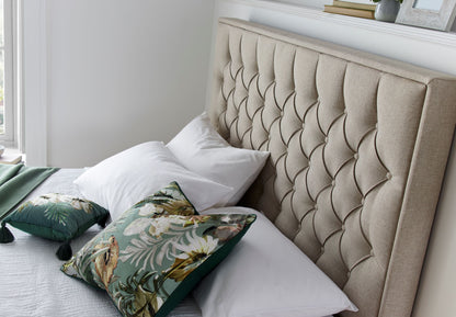 Wilson Fabric Ottoman Bed – Neutral Linen Blend with Buttoned Headboard, Deep Foot-End Storage