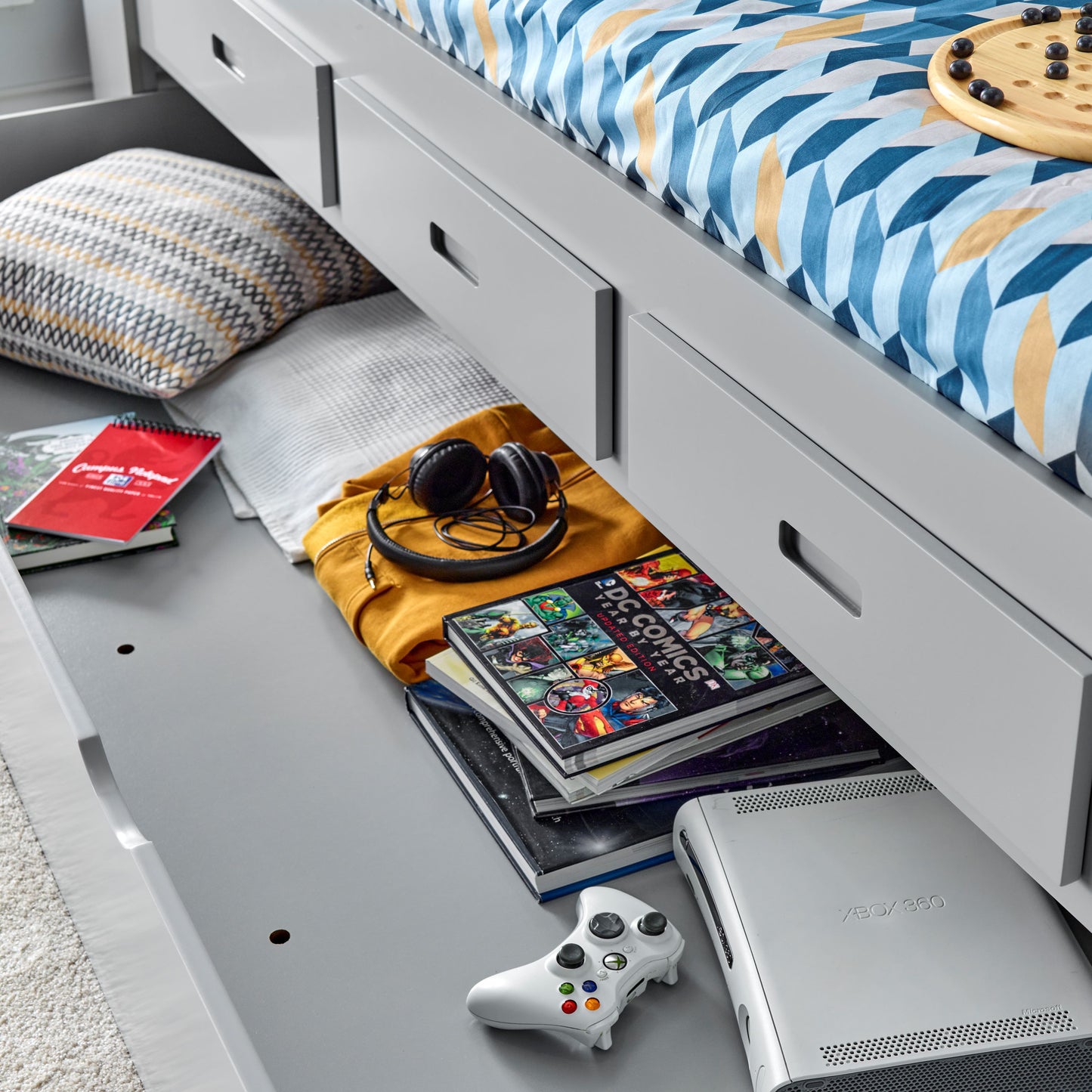 Veera Guest Bed – Single Frame with Trundle, Drawers, Shelved Headboard (white or grey)