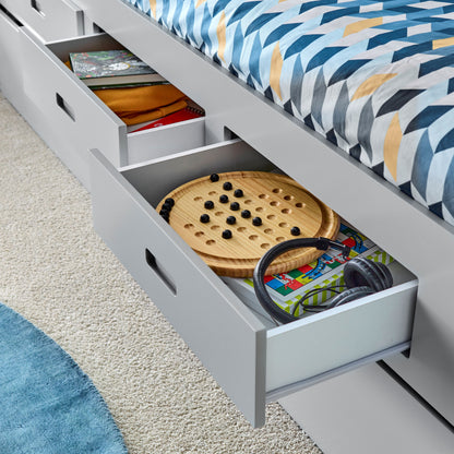 Veera Guest Bed – Single Frame with Trundle, Drawers, Shelved Headboard (white or grey)