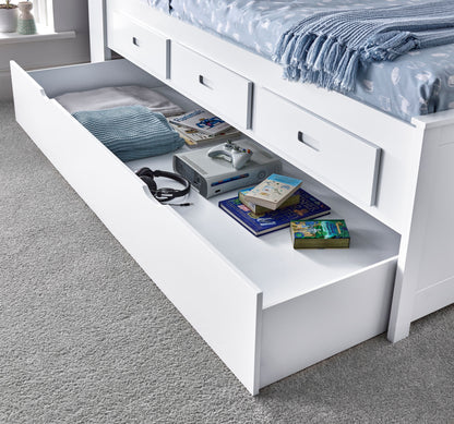 Veera Guest Bed – Single Frame with Trundle, Drawers, Shelved Headboard (white or grey)