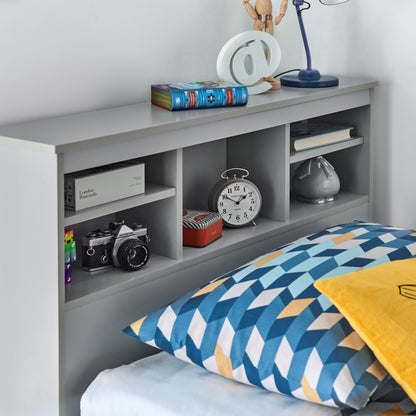 Veera Guest Bed – Single Frame with Trundle, Drawers, Shelved Headboard (white or grey)