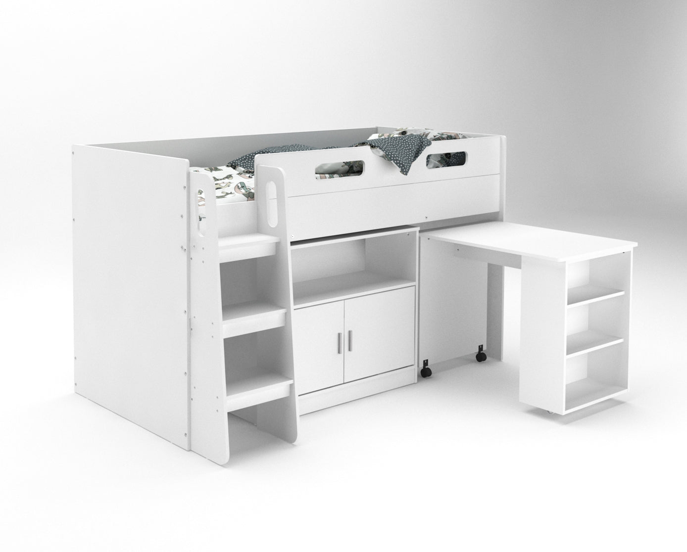 Kudl, Storage Mid Sleeper with Desk and Cupboard, White
