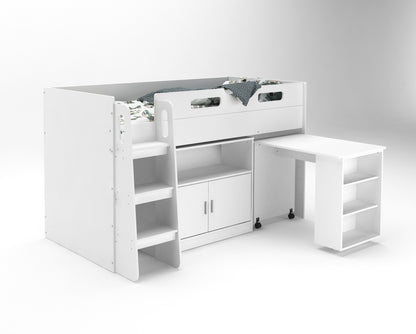 Kudl Storage Mid Sleeper with Desk and Cupboard, White