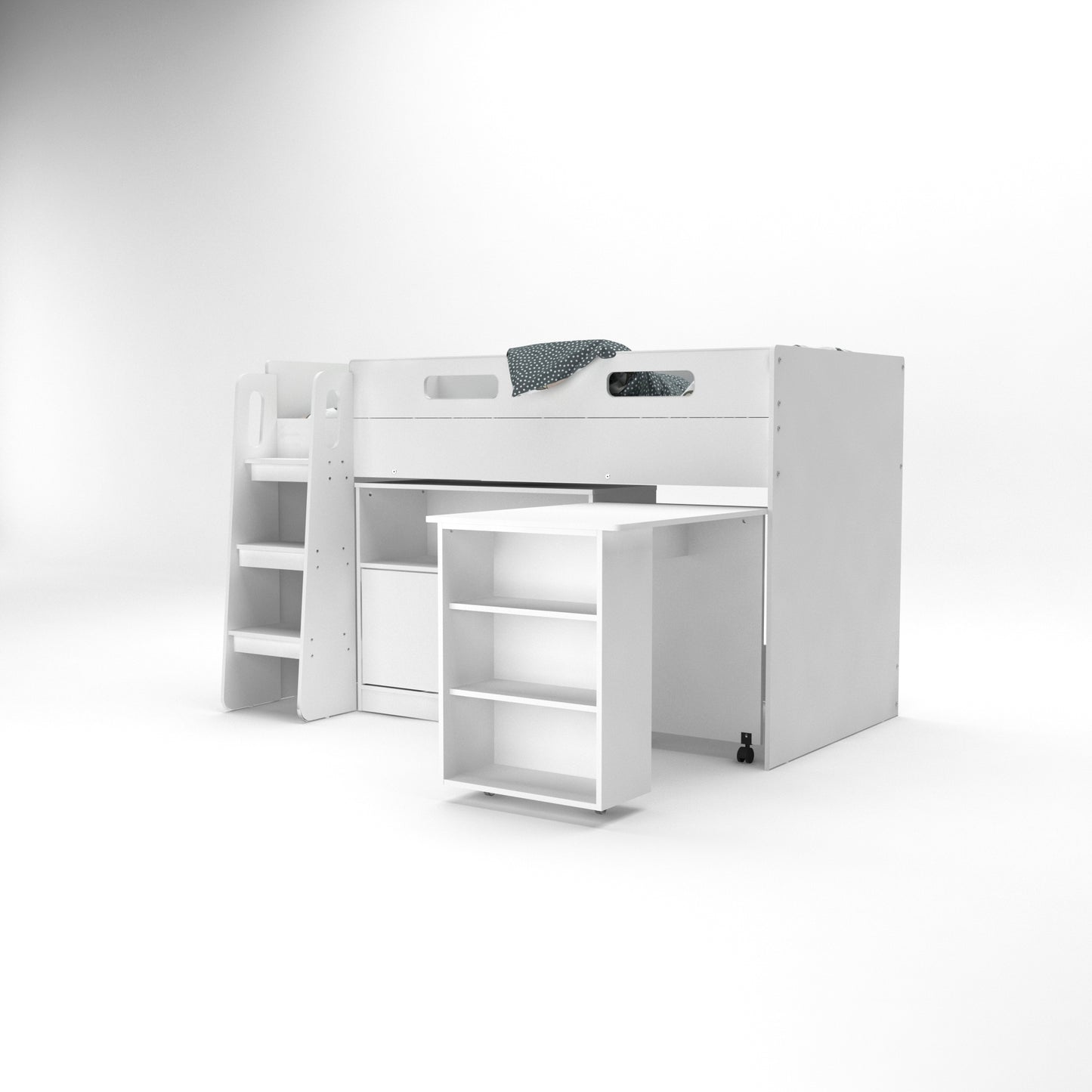 Kudl, Storage Mid Sleeper with Desk and Cupboard, White
