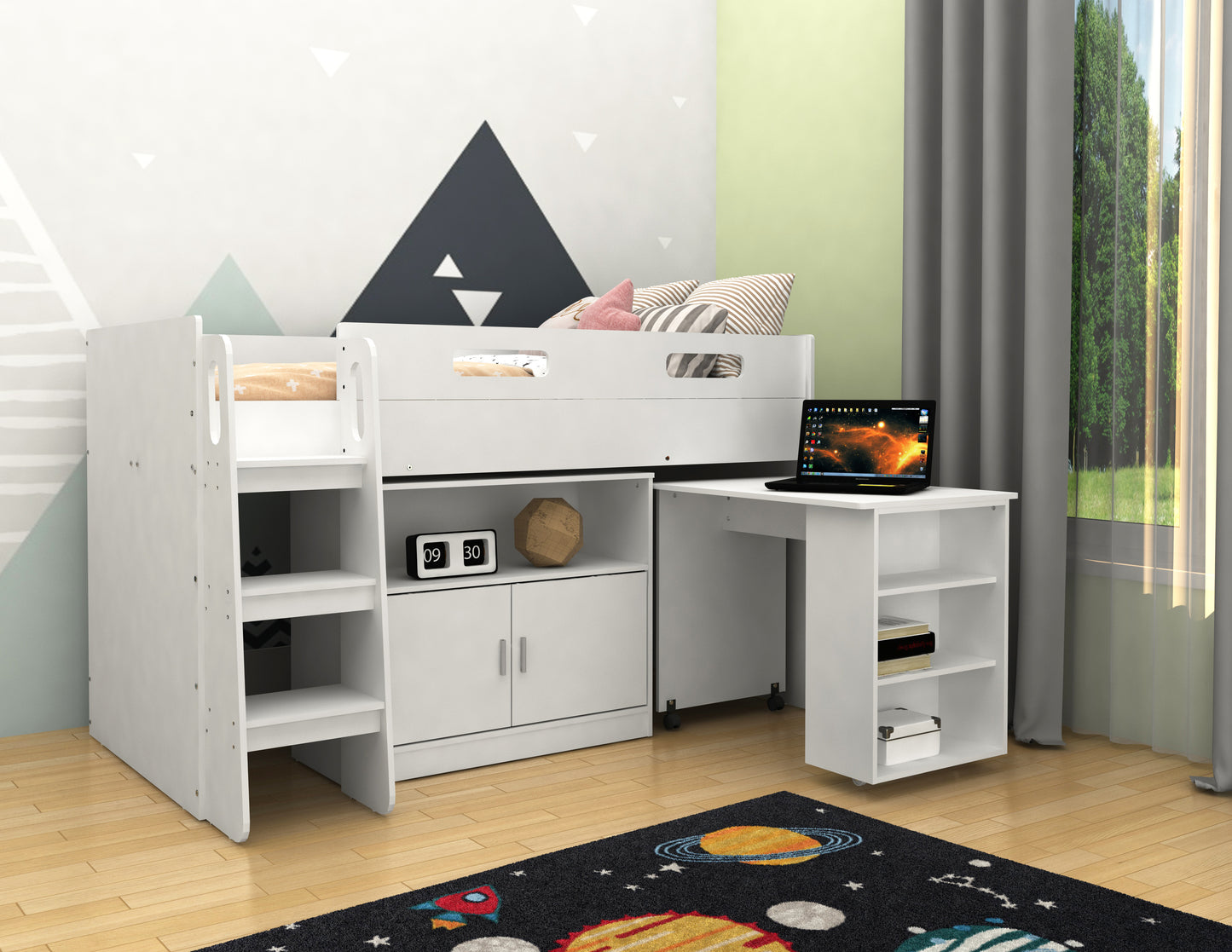 Kudl, Storage Mid Sleeper with Desk and Cupboard, White