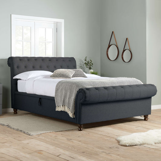Castello Side Ottoman Bed Frame – Rolled Headboard, Side-Lift Storage, Elegant Upholstery