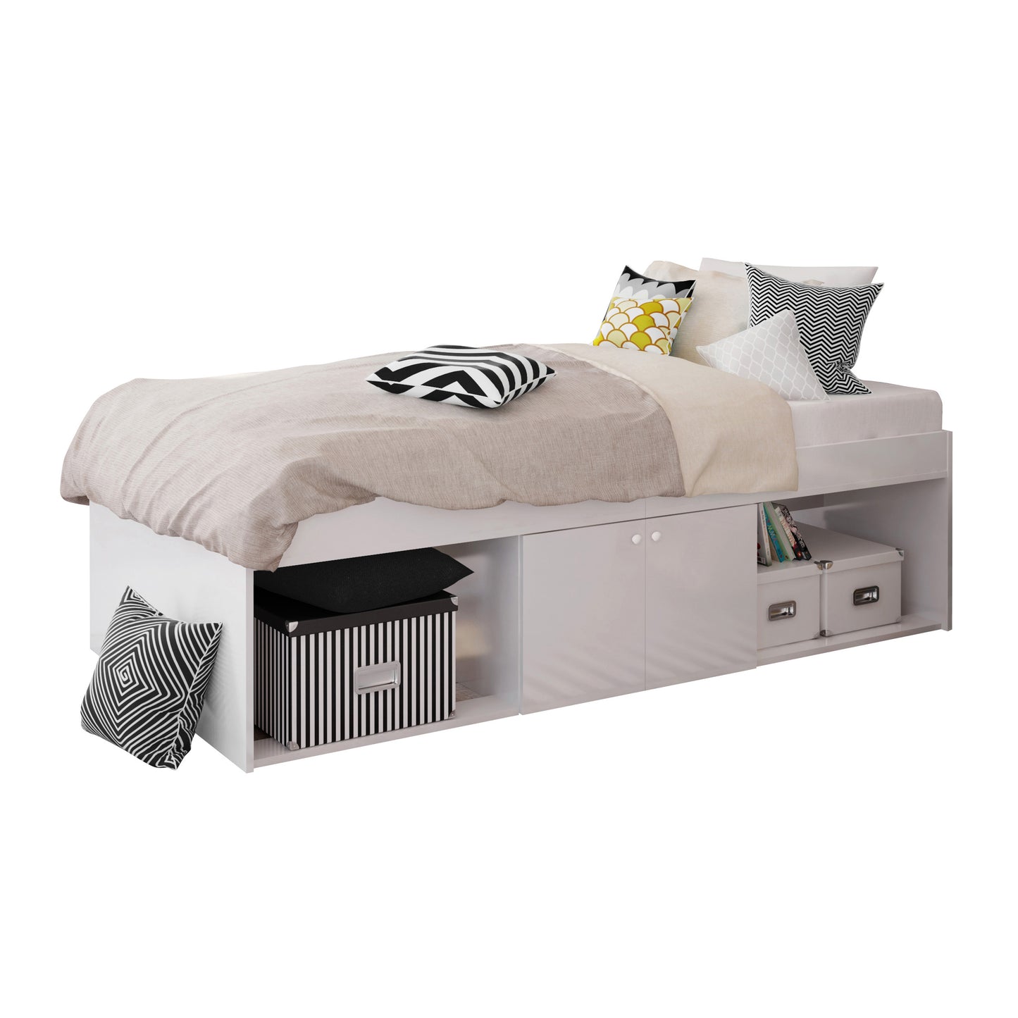 Low Cabin Kid Bed – Single Frame with Cupboard and Open Storage Niches