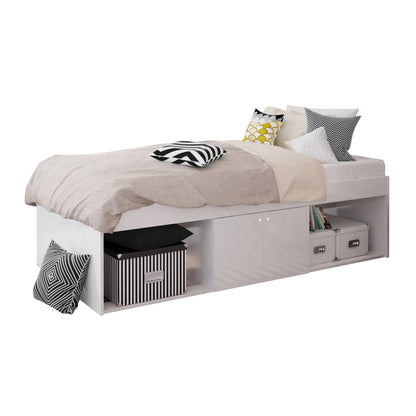 Low Cabin Kid Bed – Single Frame with Cupboard and Open Storage Niches