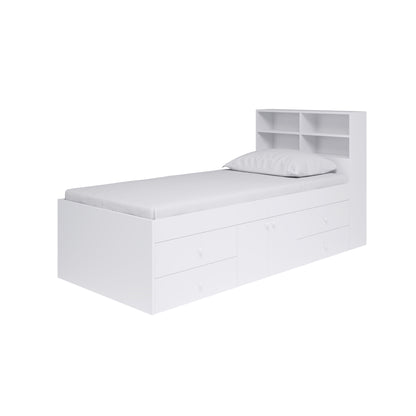 Multi Drawer Single Cabin Kid Bed With Bookcase Headboard (White)