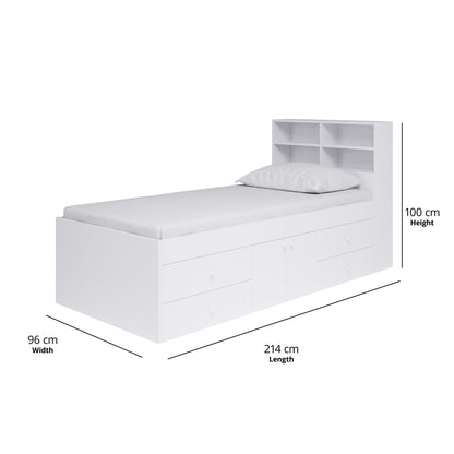 Multi Drawer Single Cabin Kid Bed With Bookcase Headboard (White)