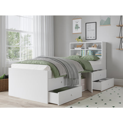 Multi Drawer Single Cabin Kid Bed With Bookcase Headboard (White)