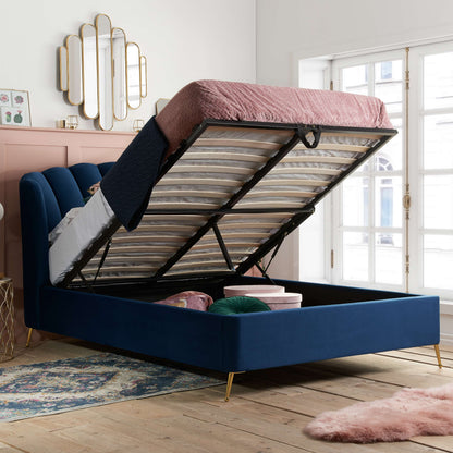 Lottie Elegant Ottoman Bed – Fan-Shaped Headboard with Gas Lift Storage (Pink or Blue)