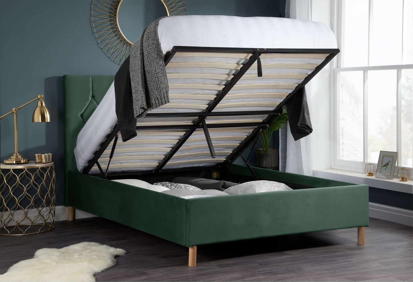 Loxley Ottoman Bed – Stylish Upholstered Frame with Storage (Blue, Green or Grey)